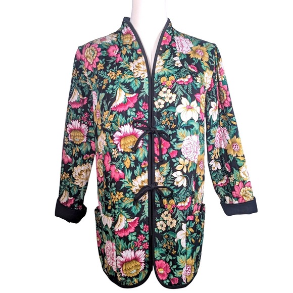 Edith Flagg Jackets & Blazers - Vintage 1970s Dark Floral Quilted Cottage Coat Tie Front Cotton Jacket